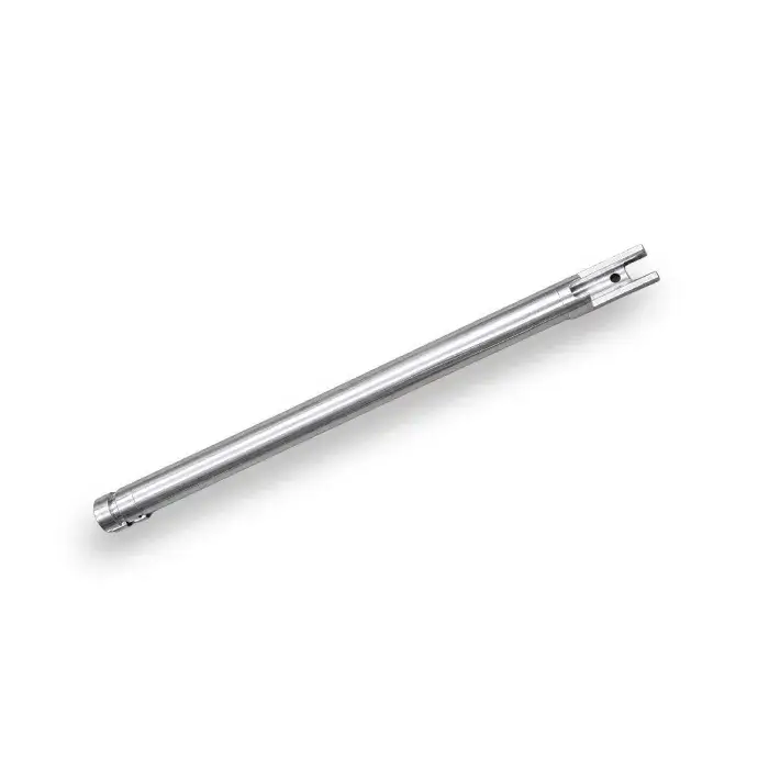 Slender cylindrical pin shaft component fabricated using precision Swiss turning lathe processes.