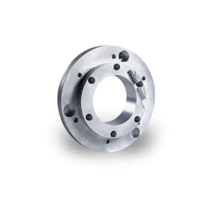 Precision machined circular flange component with threaded mounting holes and recessed counterbores.
