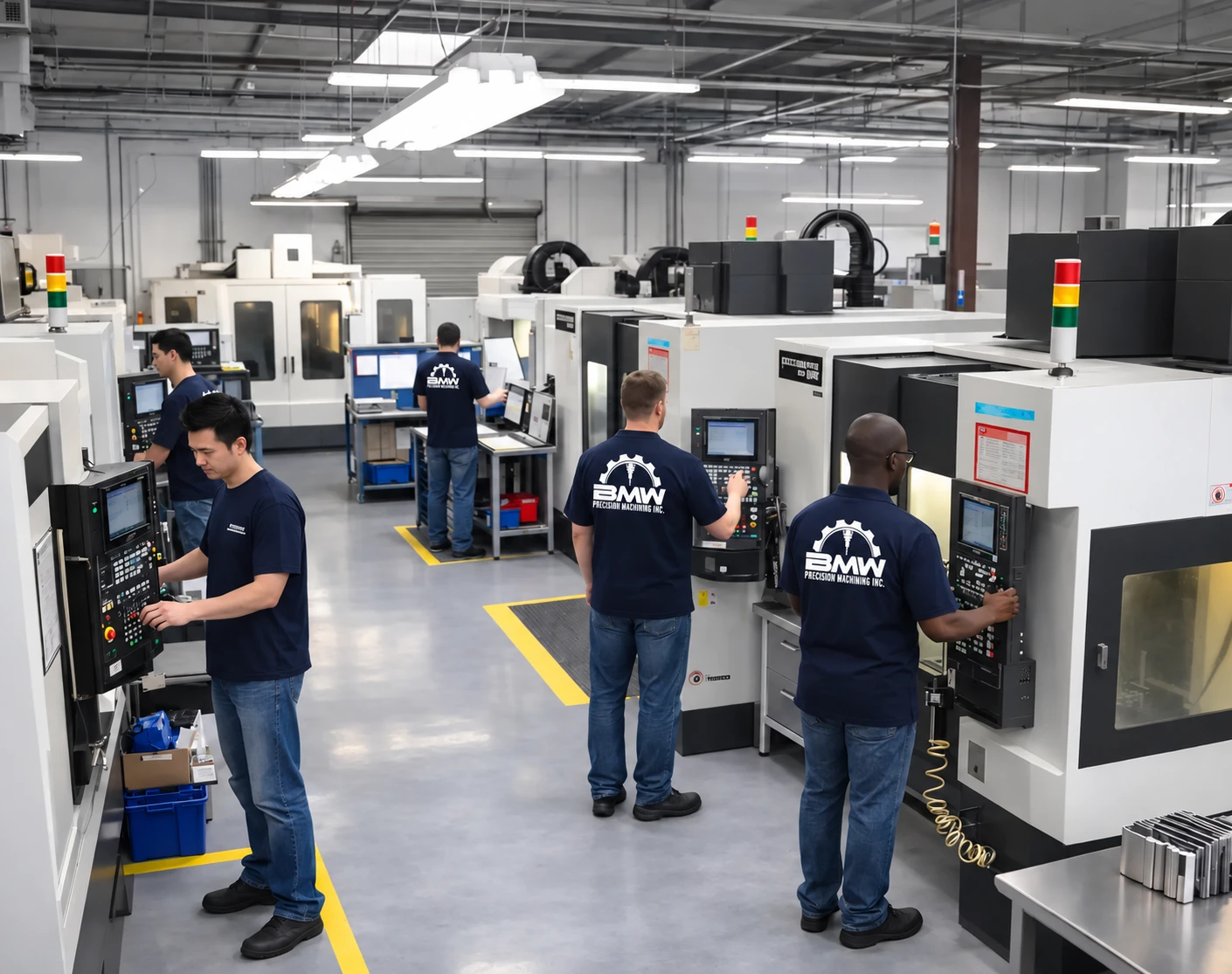  Machinists operating advanced equipment inside our San Diego CNC machining facility.