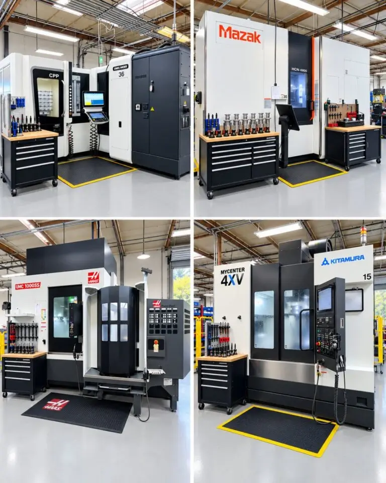 A 4-panel grid showcasing our advanced CNC milling capabilities, featuring a DMG MORI 5-axis, a Mazak horizontal machining center, a Haas UMC-1000SS 5-axis, and a Kitamura vertical mill.