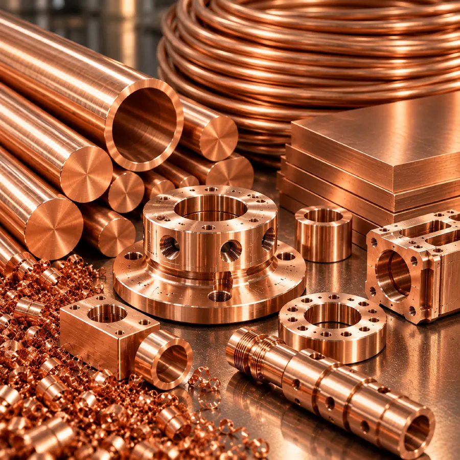 A detailed industrial shot of raw copper stock plates representing our heavy material sourcing capabilities.