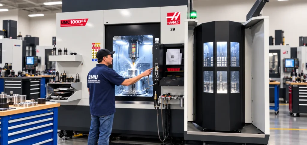 A machinist operating a high-speed Haas CNC vertical mill for custom precision CNC machining in San Diego.