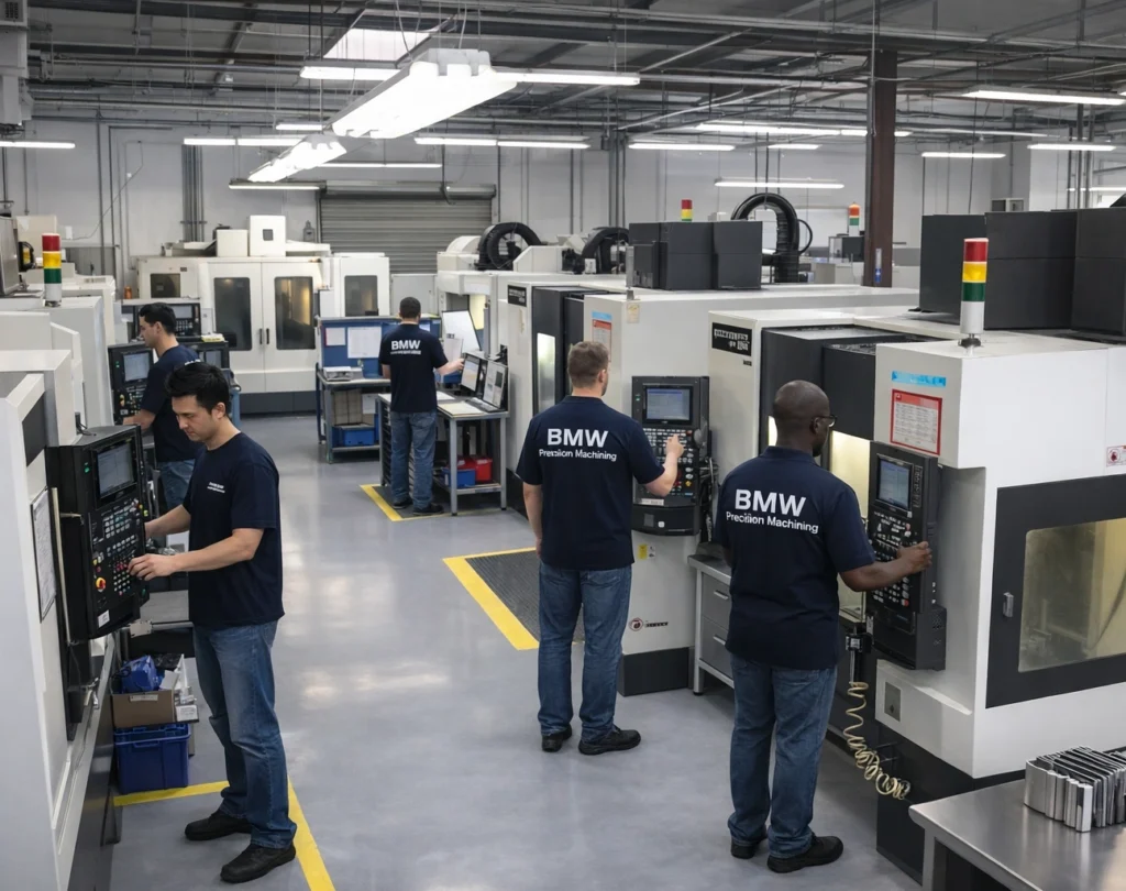 A team of professional machinists operating high-precision milling and turning centers inside our modern Oceanside, California CNC machining facility.